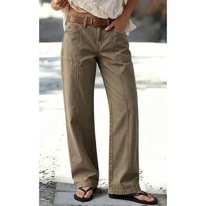 Flamingals Solid Stitch Detail Mid Waist Straight Leg Pants Olive Khaki L NEW